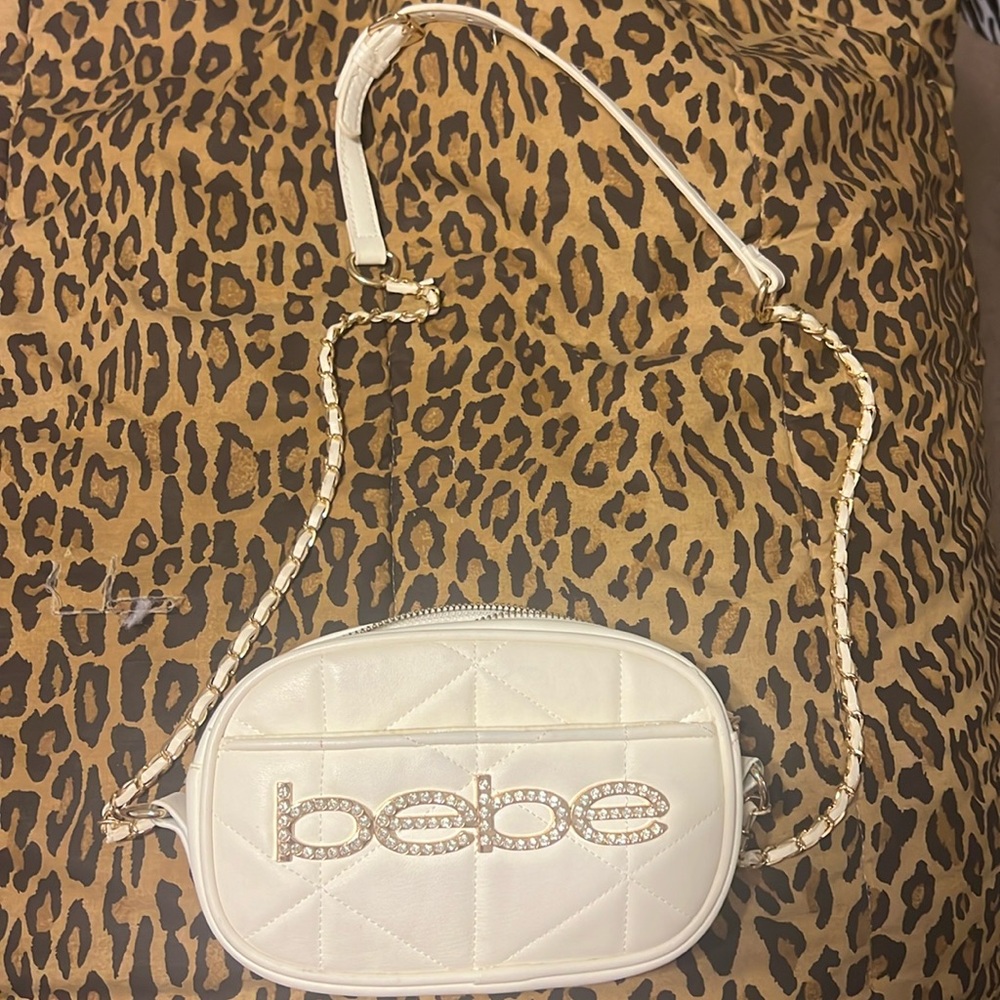 BEBE White crossbody purse with long chain strap
